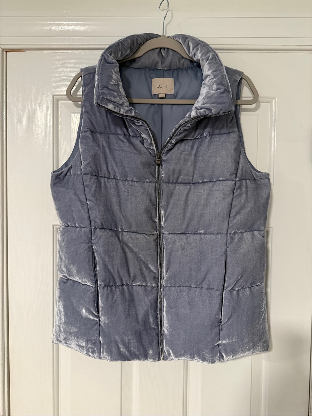 LOFT Velvet Quilted Puffer Vest in Dusty Blue